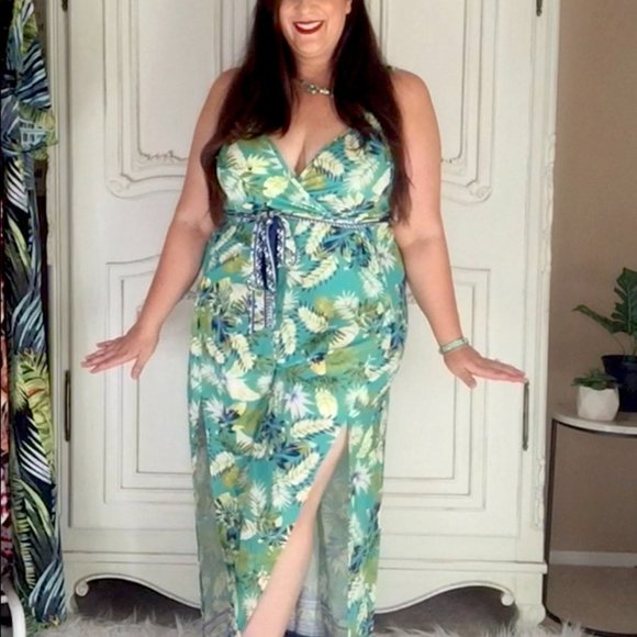 Full length plus size jumpsuit pants tropical print side slits sz 3x - Picture 1 of 7